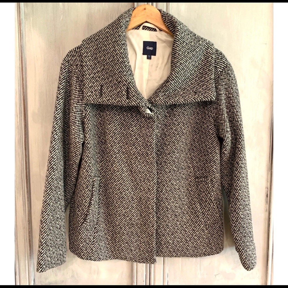 GAP Black & White Tweed Wool Coat Sz 2 - Picture 2 of 8